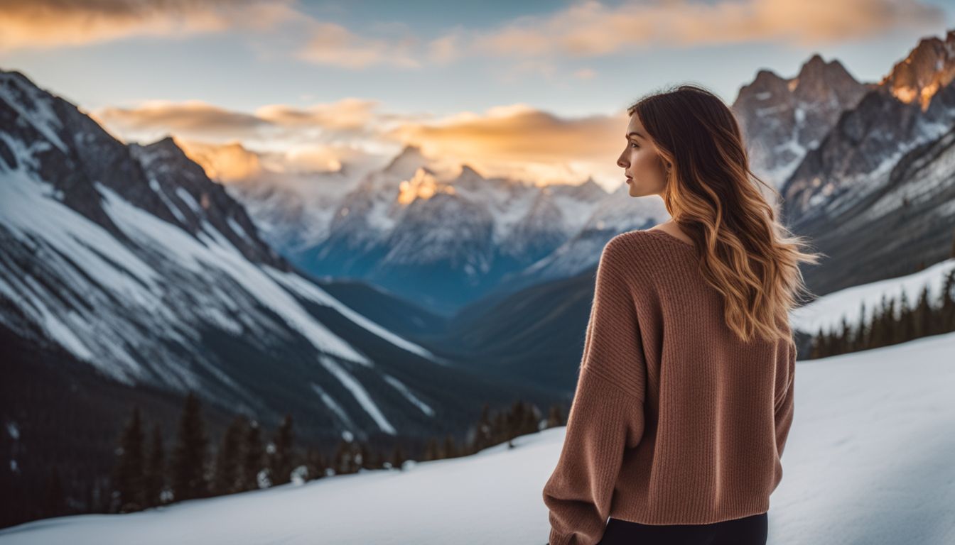 A photo of a Le Kasha cashmere sweater surrounded by mountains.
