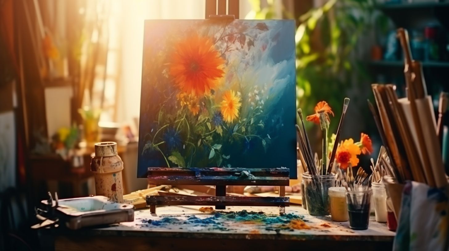 An artist painting a vibrant masterpiece in a sunlit studio.