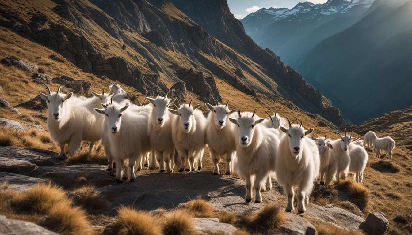A herd of mountain goats in a scenic landscape.