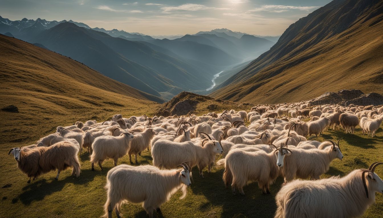 A herd of cashmere goats grazing in a stunning mountain landscape.