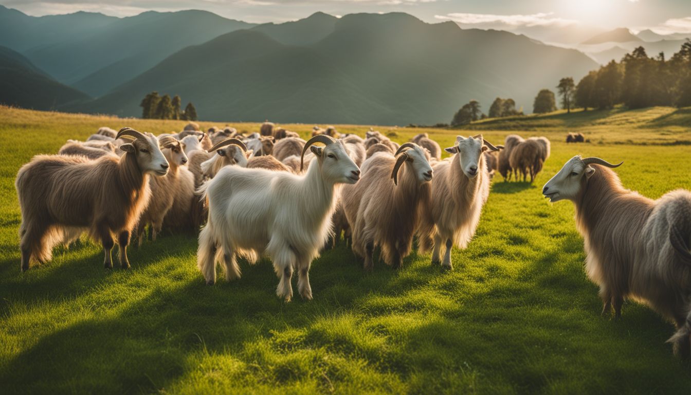 A herd of cashmere goats grazing in a vibrant green pasture.