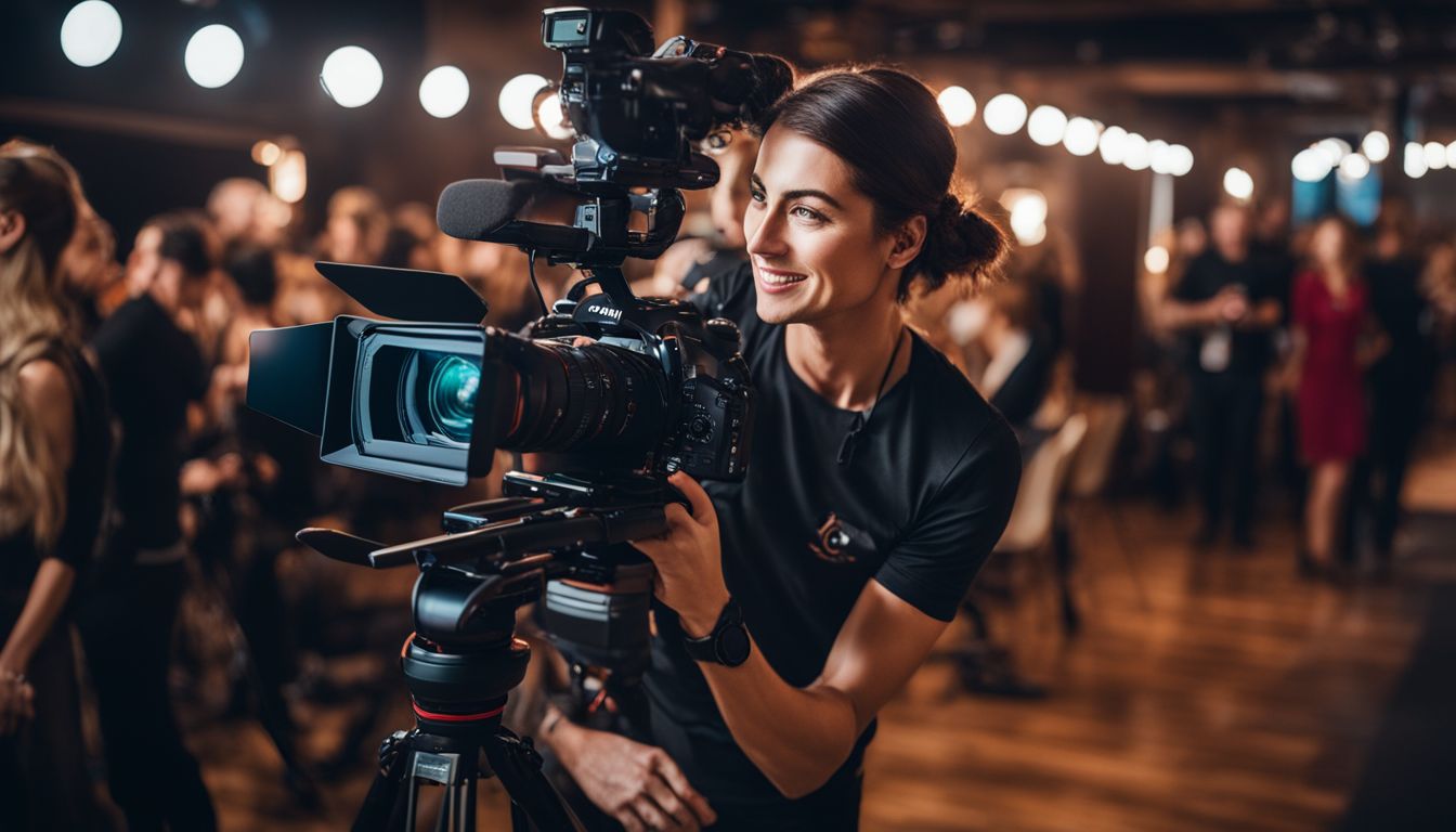 A videographer capturing an event with camera and equipment in a well-lit venue.