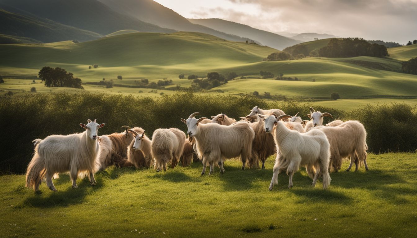 A herd of healthy cashmere goats grazing on open green pastures.
