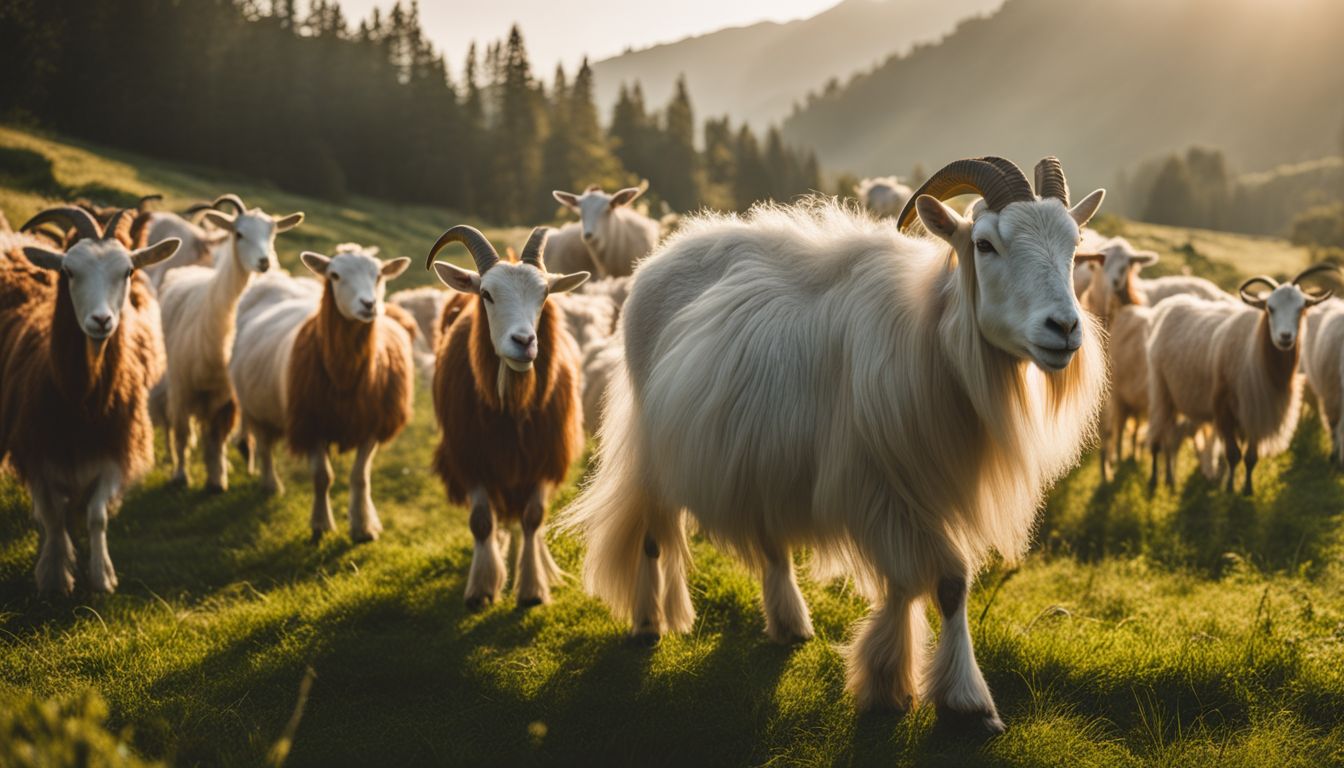A herd of cashmere goats grazing in a lush pasture.