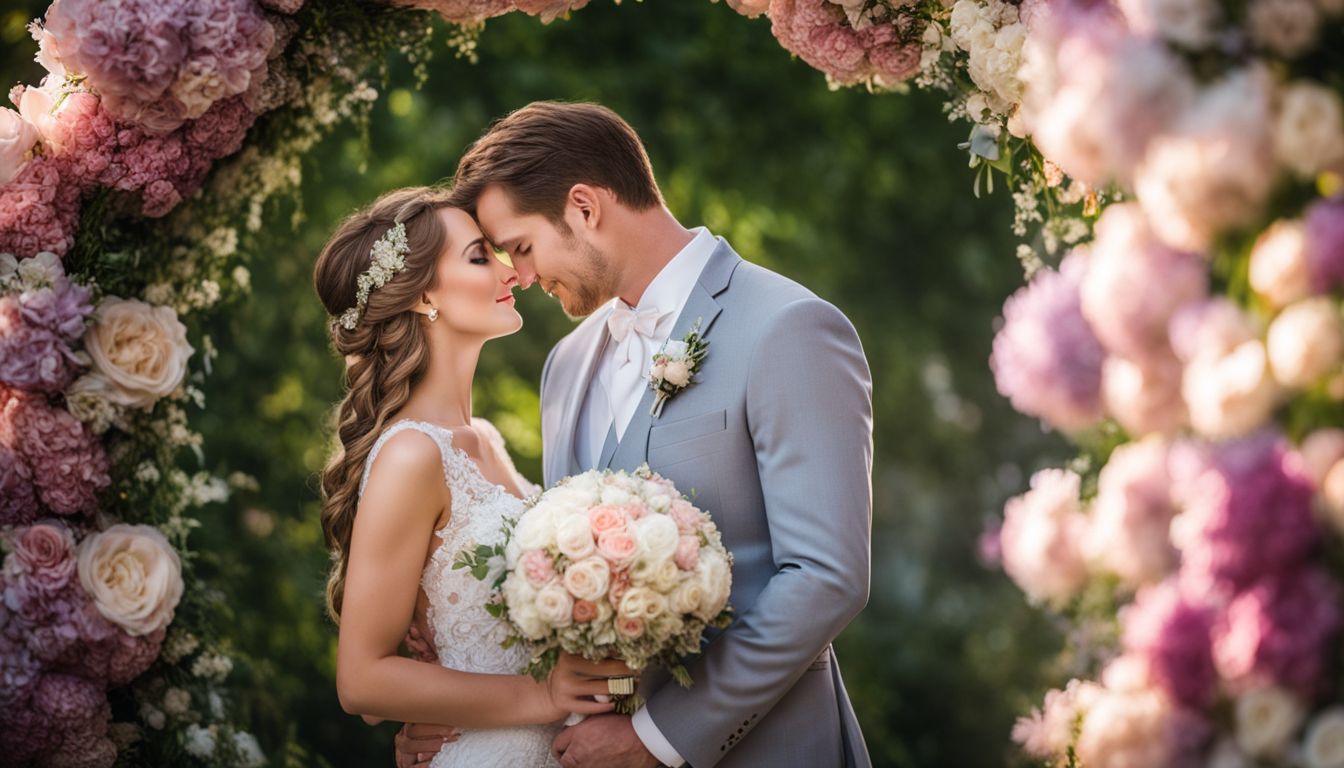A bride and groom embrace under a floral arch in a garden.