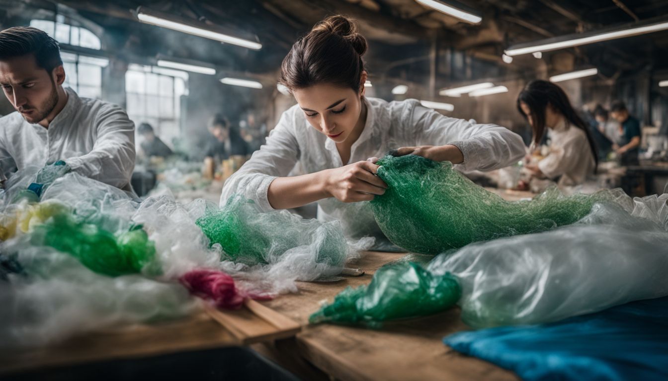 Recycled plastic bottles transformed into fabric in a bustling atmosphere.