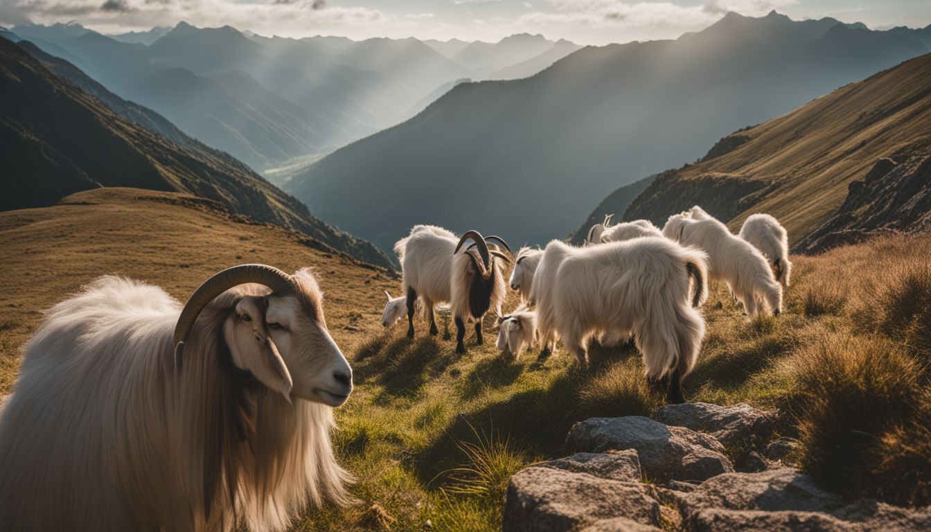 Cashmere goats grazing in a scenic mountainside.