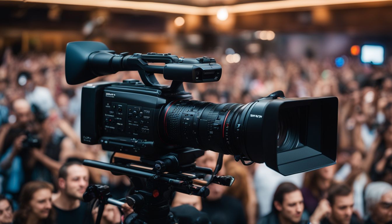 A close-up shot of a professional video camera capturing a crowded event.