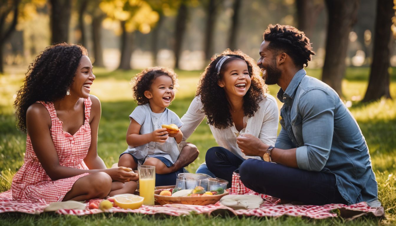 A joyful family enjoying a picnic in a sunlit park.