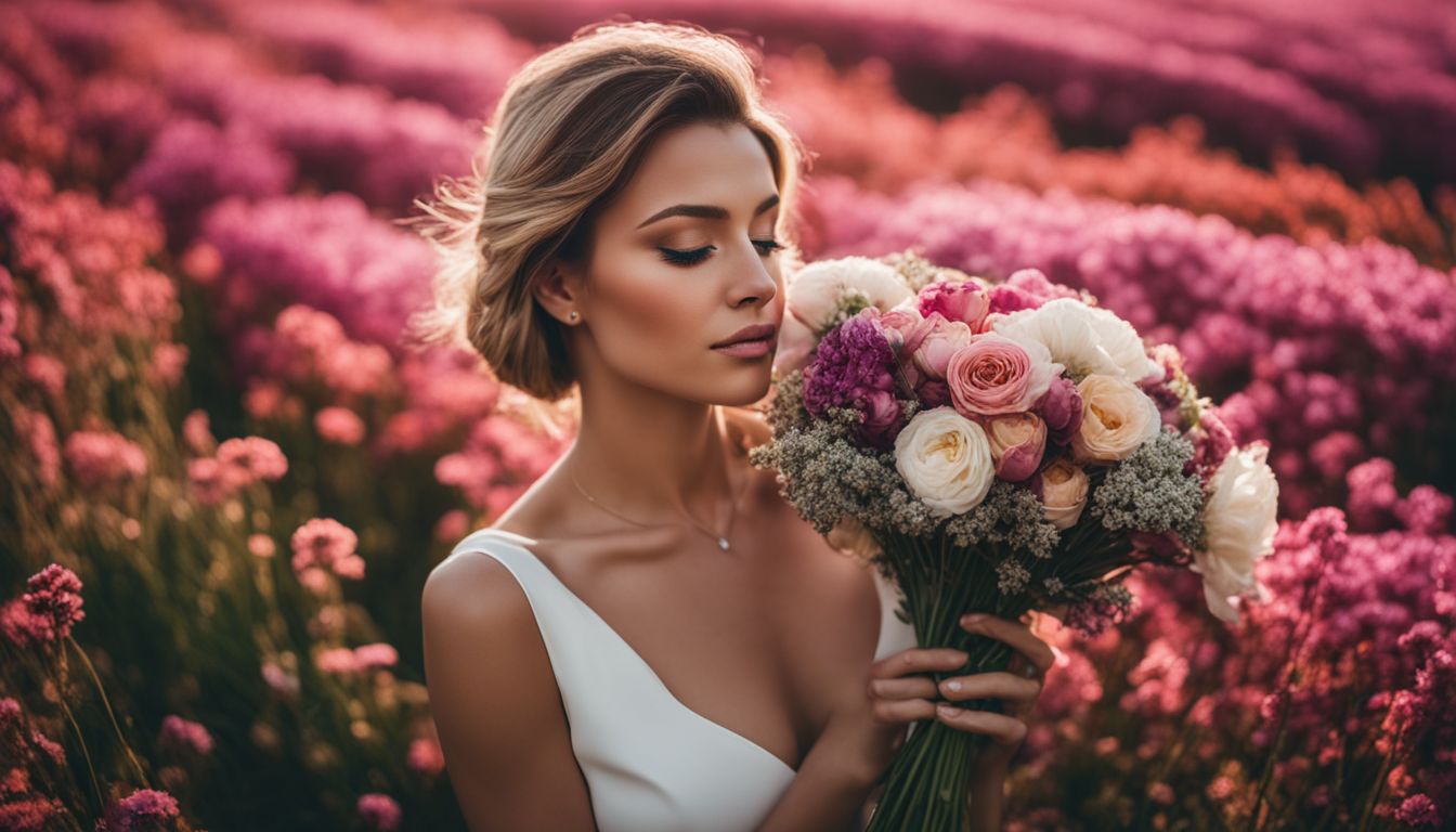 A fashionable woman smelling flowers in a field surrounded by nature.