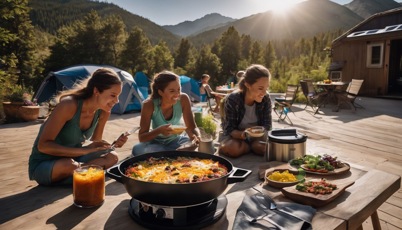 A family enjoys a meal cooked outdoors using a solar cooker.