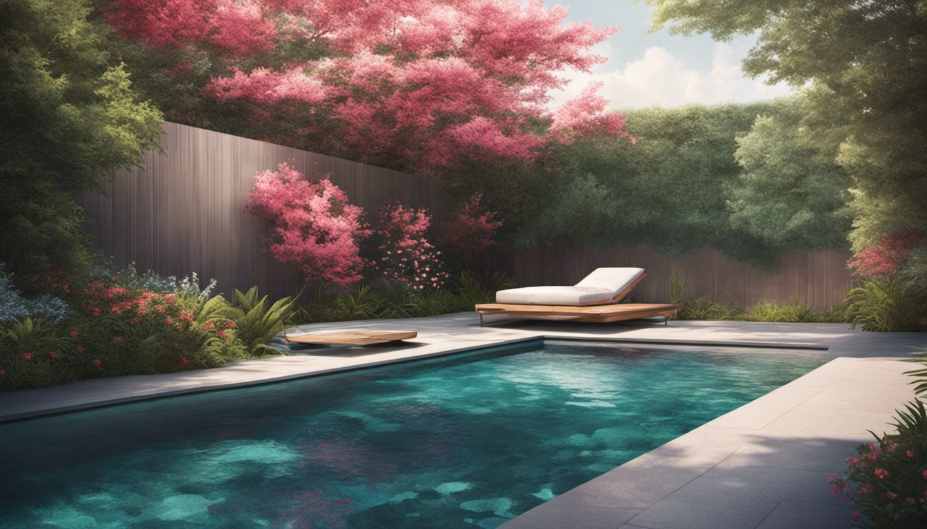 A modern pool with a slatted cover blending with natural surroundings.