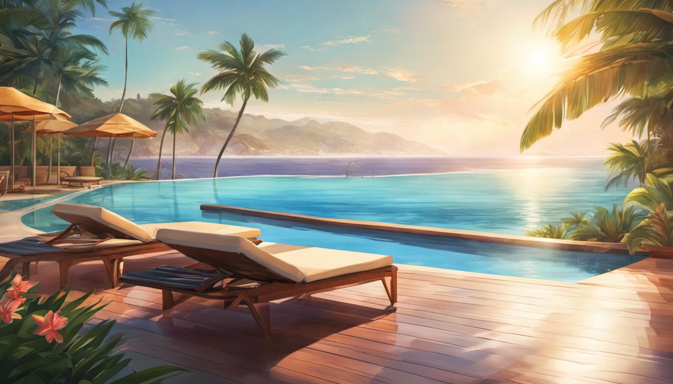 A luxurious outdoor pool with a PoolDeck Slatted Automatic Pool Cover, overlooking a breathtaking ocean view and surrounded by beautiful tropical scenery.
