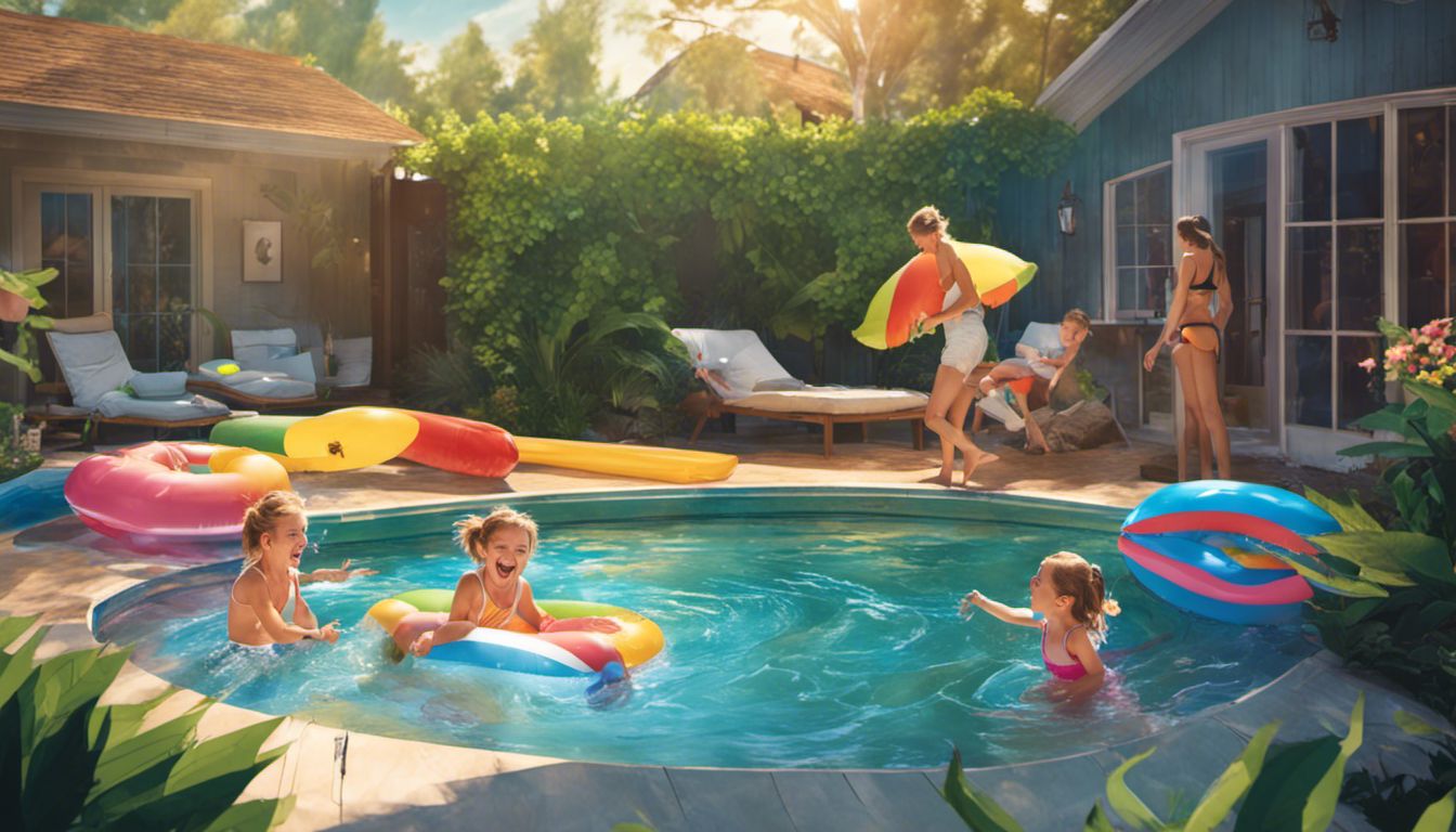 A family enjoys a pool party surrounded by lush greenery.