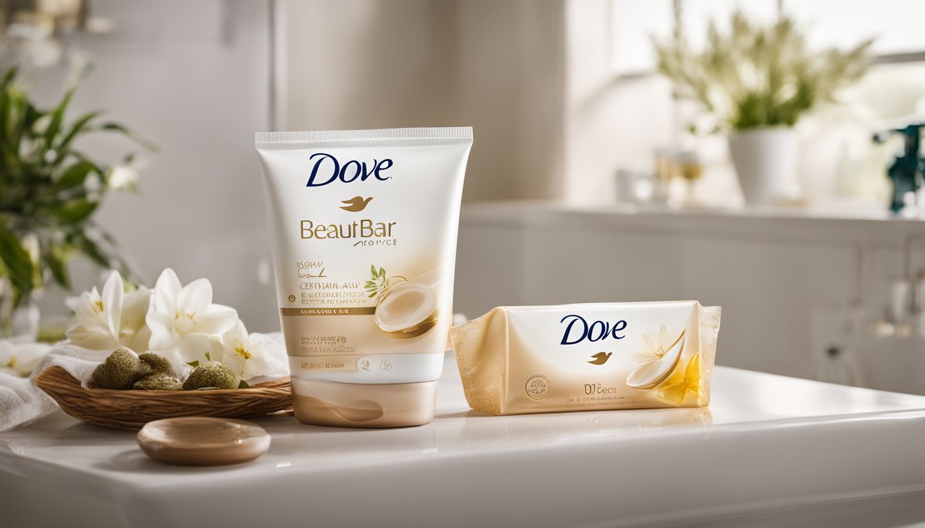 A photo featuring Dove Beauty Bar surrounded by a serene bathroom scene.