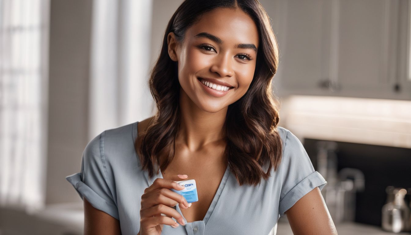 A woman smiling while holding a bar of CeraVe Hydrating Cleansing Bar.
