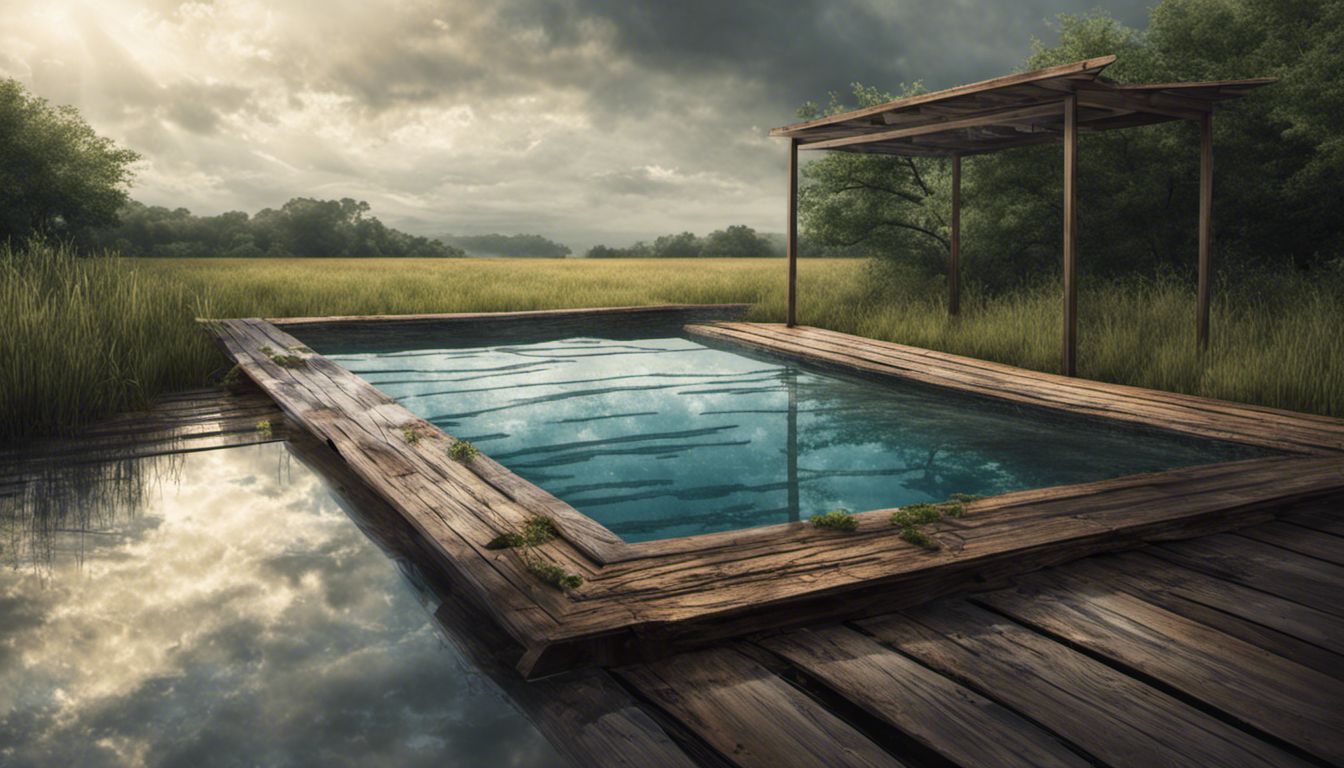 A rainwater-filled pool cover on a cracked pool deck reflects the sky.