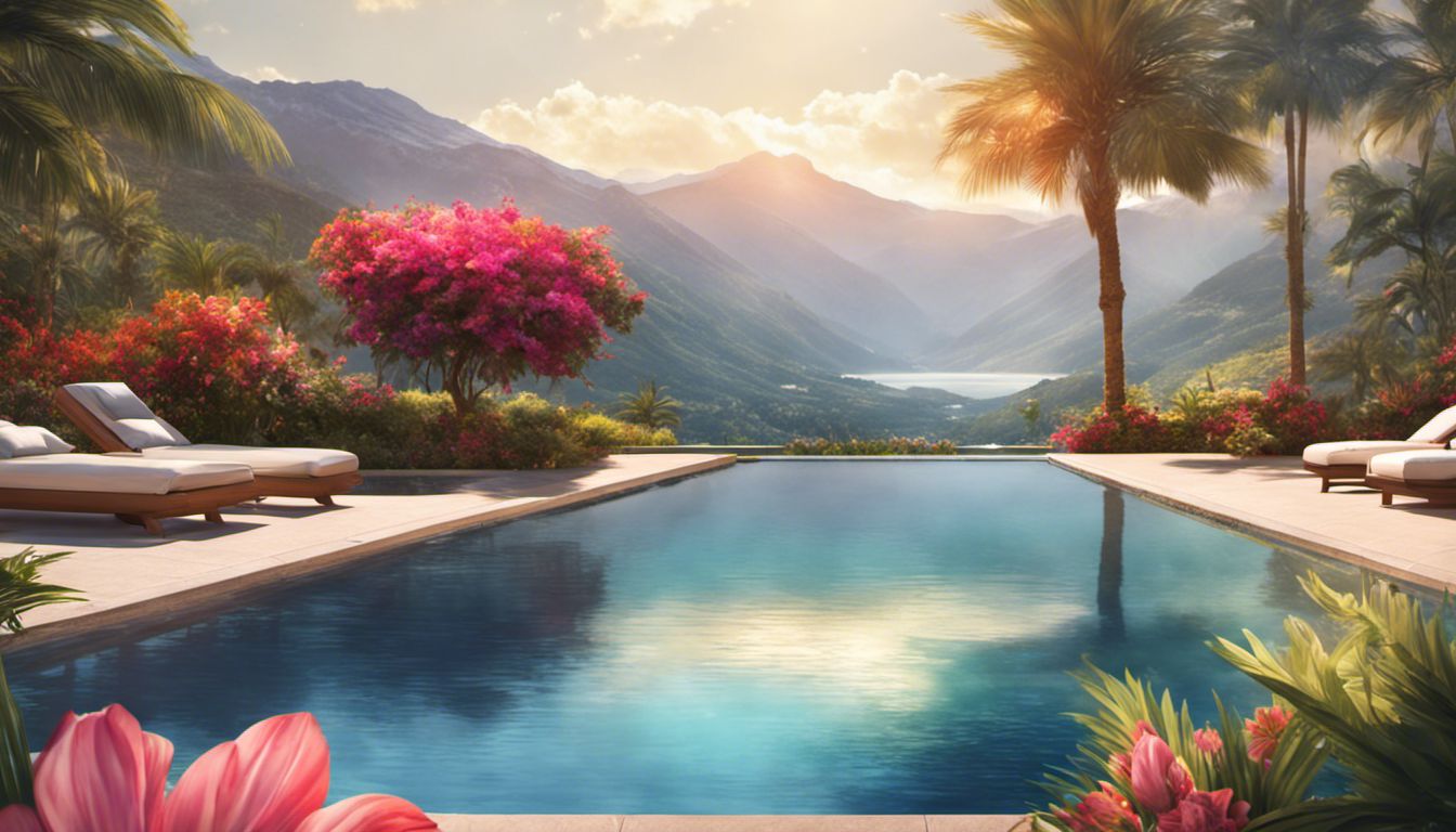 A serene outdoor pool with a PoolDeck cover surrounded by stunning gardens and mountains.
