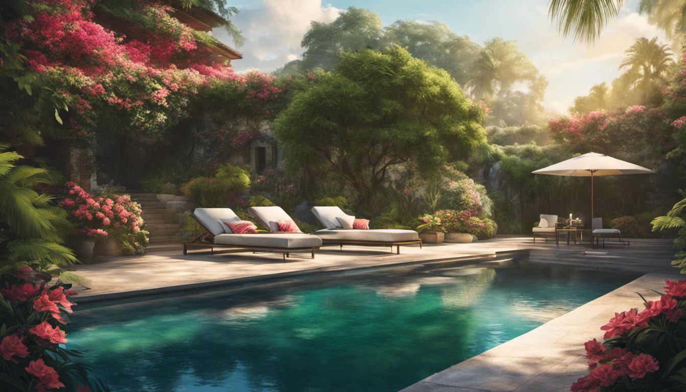 A serene garden oasis with a luxurious pool as the centerpiece.