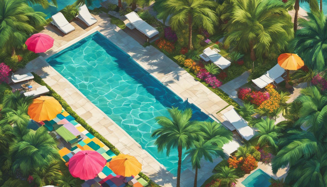An aerial view of a swimming pool covered with colorful pool covers, surrounded by palm trees and flowers, capturing a tranquil tropical oasis.