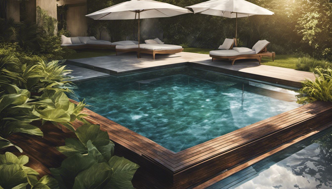A modern PoolDeck Slatted Automatic Pool Cover surrounded by a tranquil garden oasis.