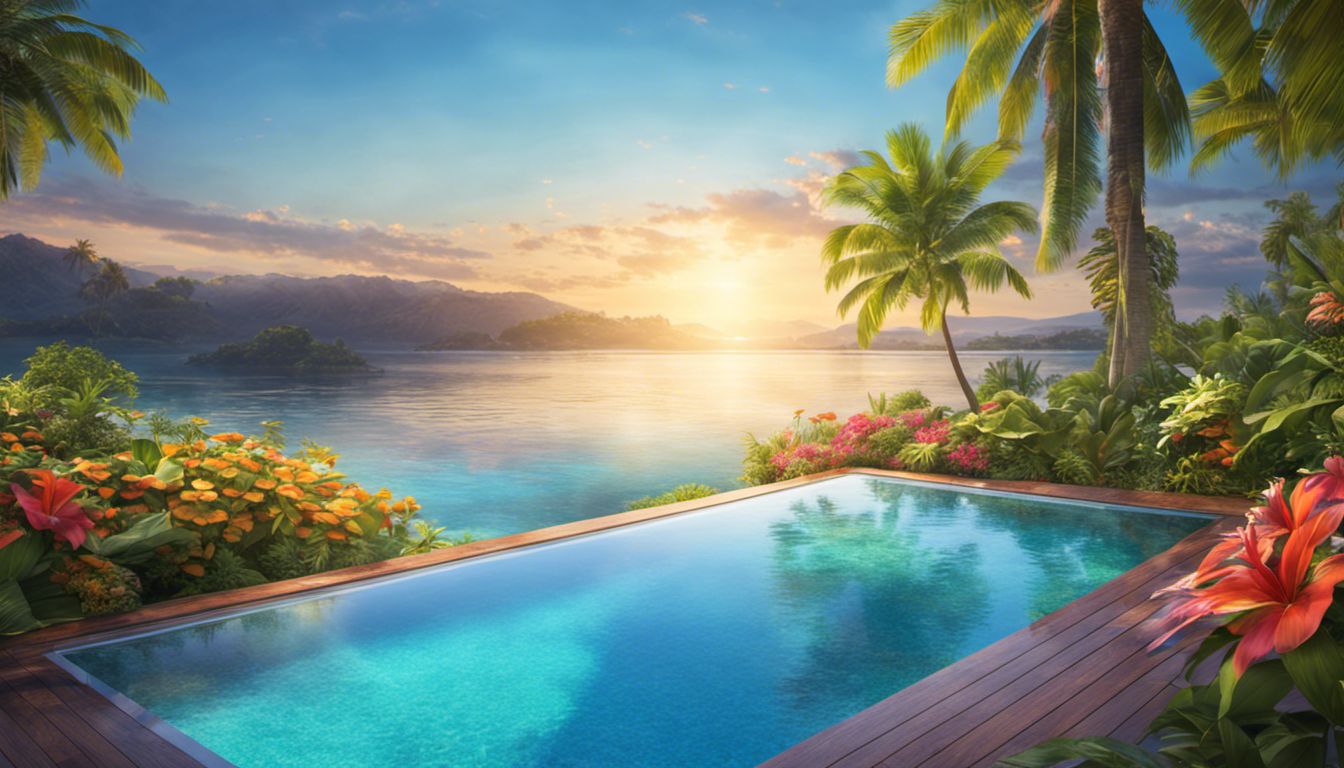 A tranquil pool surrounded by palm trees and vibrant flowers.