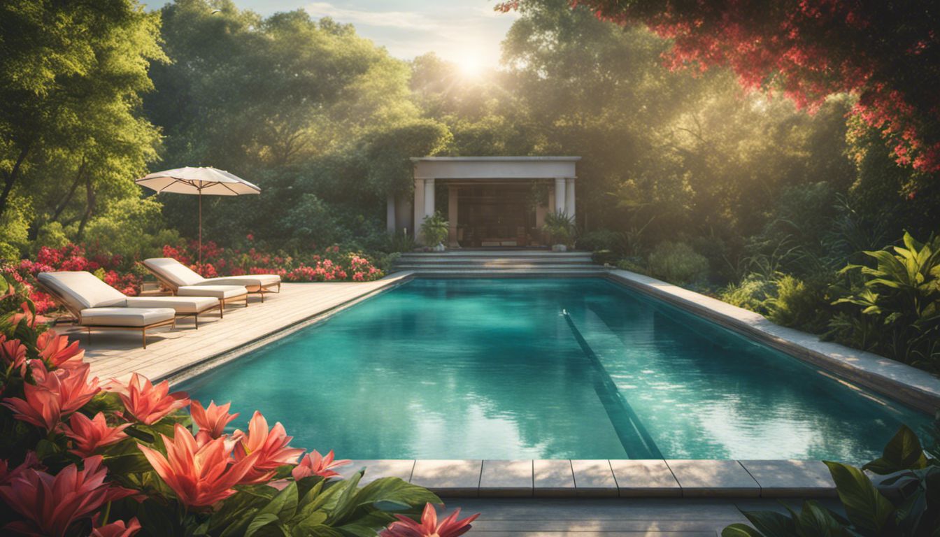 A luxurious pool surrounded by vibrant flowers and lush greenery.
