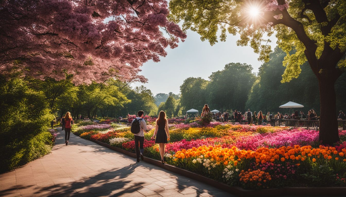 A vibrant and bustling flower-filled public park with diverse people.