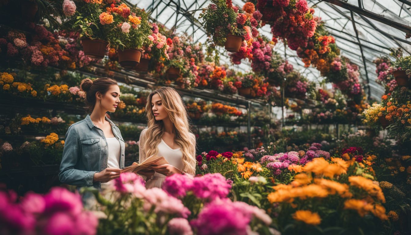 A vibrant greenhouse filled with blooming flowers and diverse people.