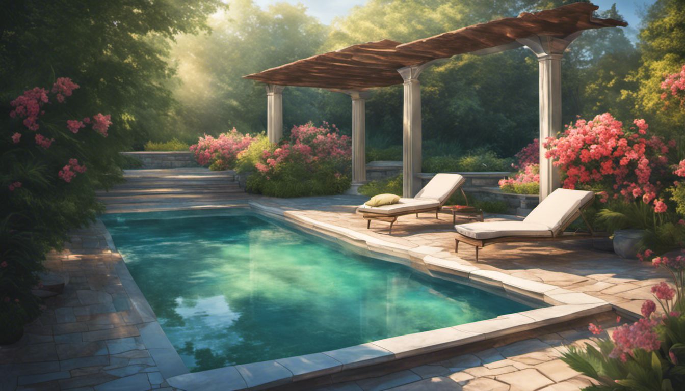 A serene outdoor swimming pool surrounded by lush greenery and flowers.