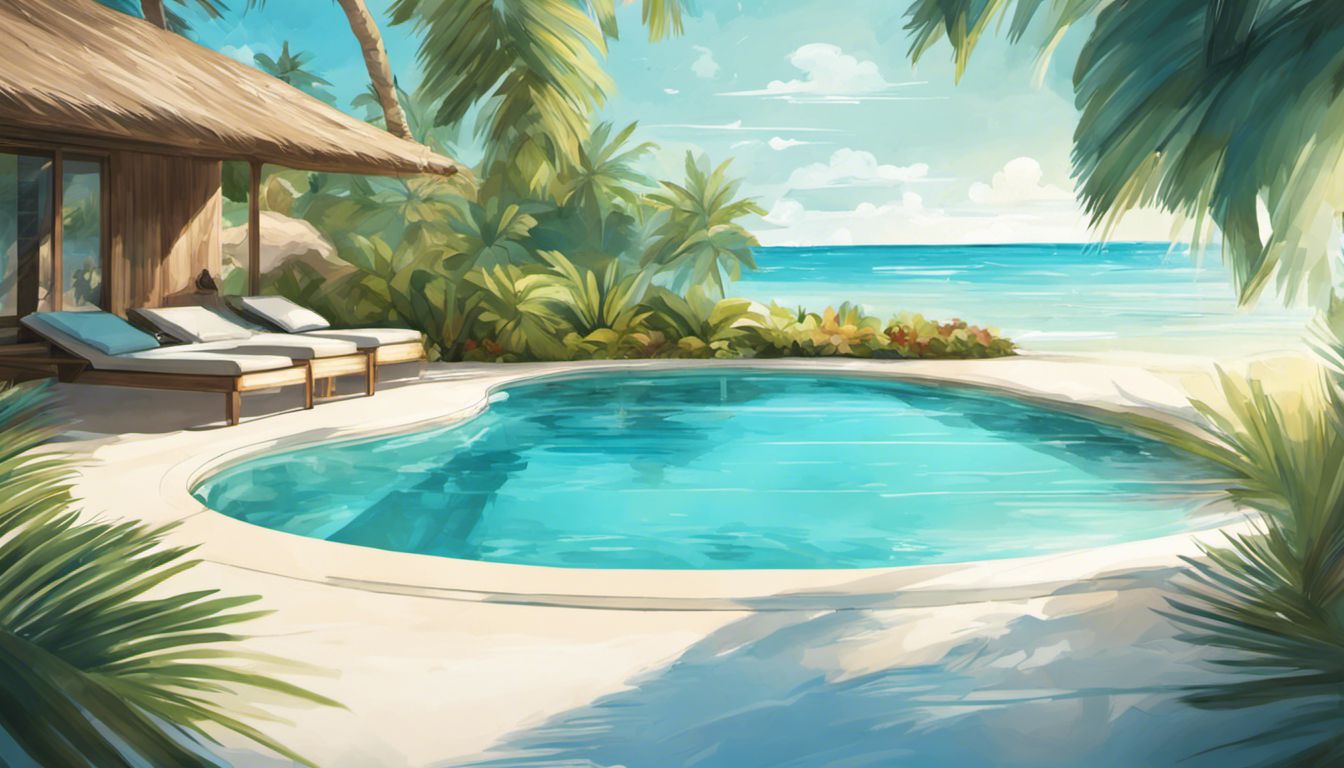 Luxurious outdoor pool surrounded by palm trees and a sandy beach.
