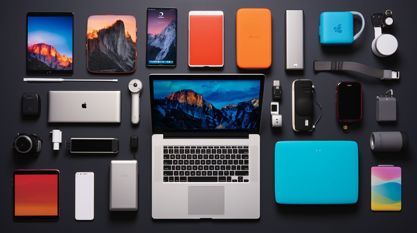 An image featuring a variety of vibrant and colorful tech gadgets tastefully displayed on a modern table, symbolizing the fusion of modern innovation and design in the world of cutting-edge technology.