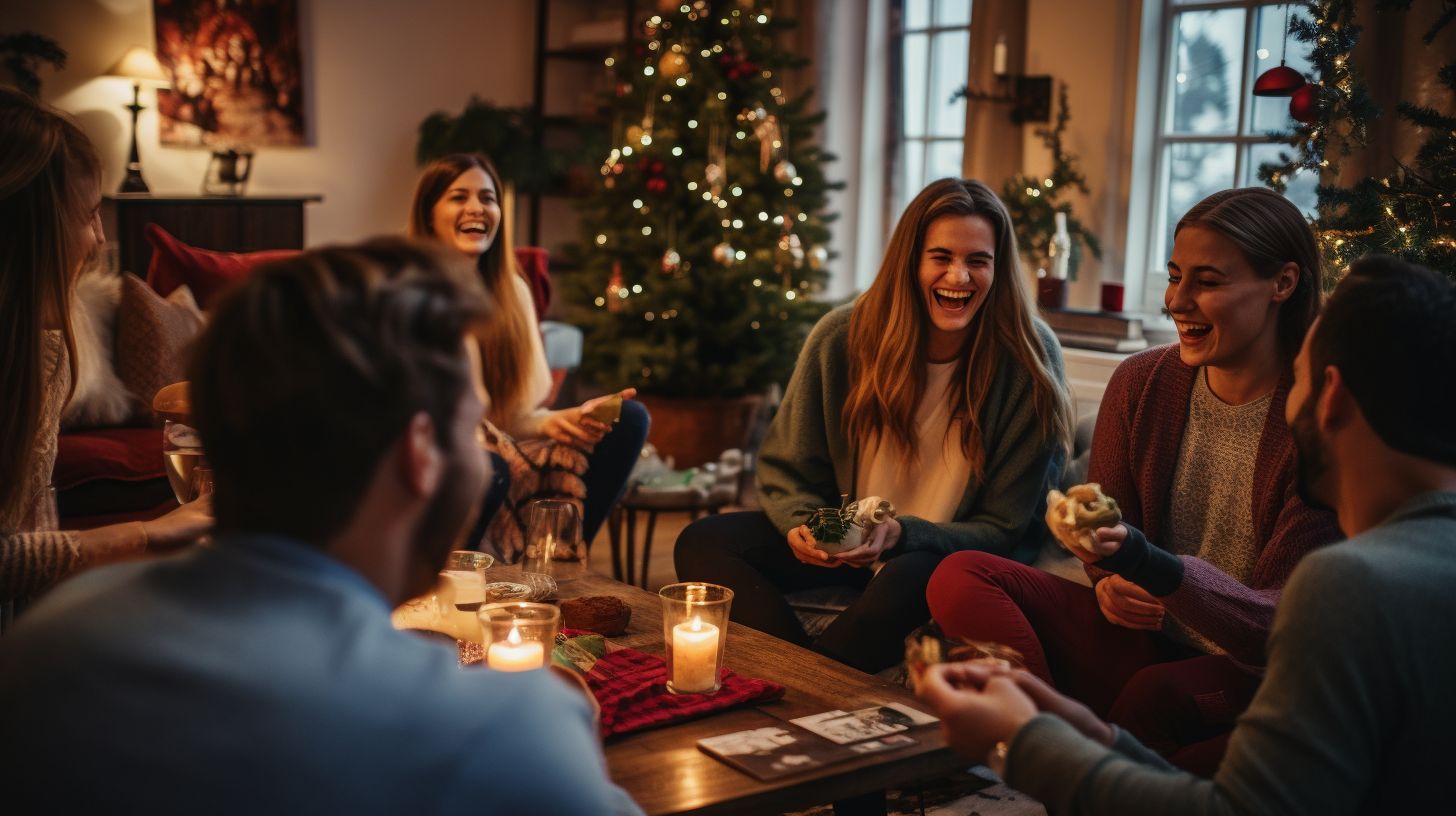 An image showcasing a group of people enthusiastically playing charades in a festive living room, symbolizing the lighthearted merriment and quality time spent with friends and family during the holiday season.