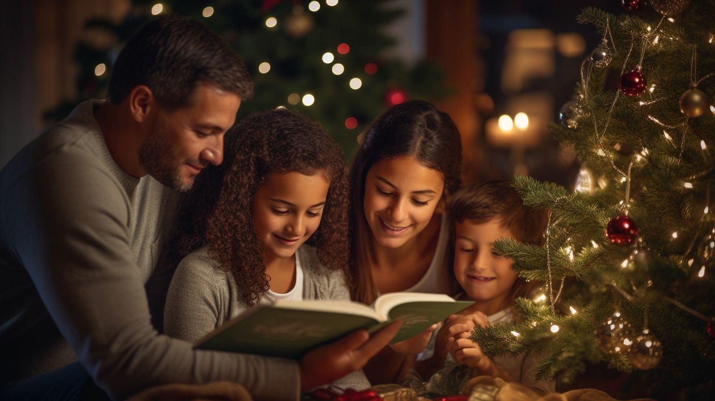 An image portraying a joyous family participating in Advent activities around a beautifully decorated Christmas tree, radiating warmth and joy, symbolizing the enchantment of the Advent season and the cherished moments created with loved ones.