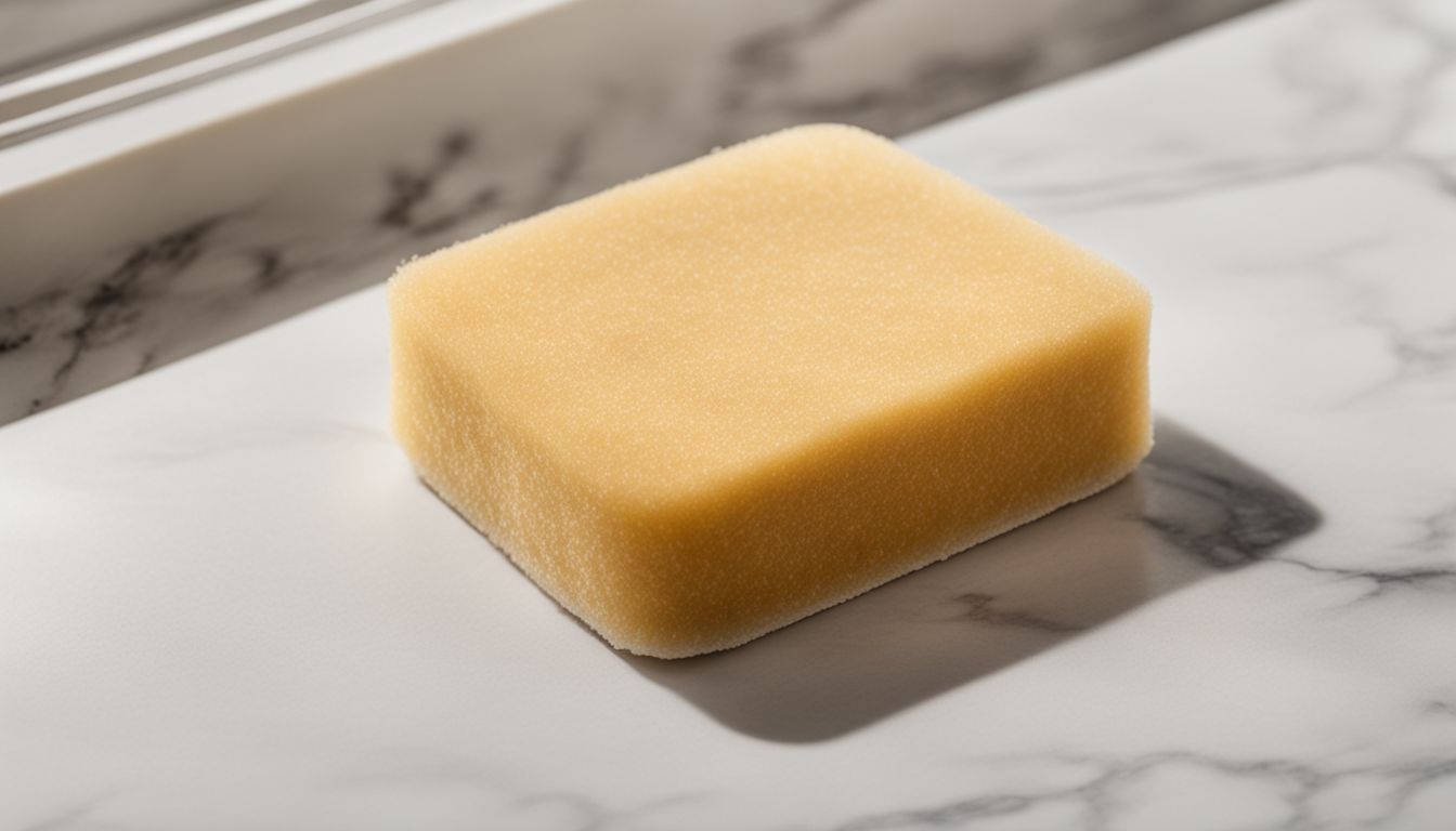 A photo of a lambswool applicator pad on a marble countertop.