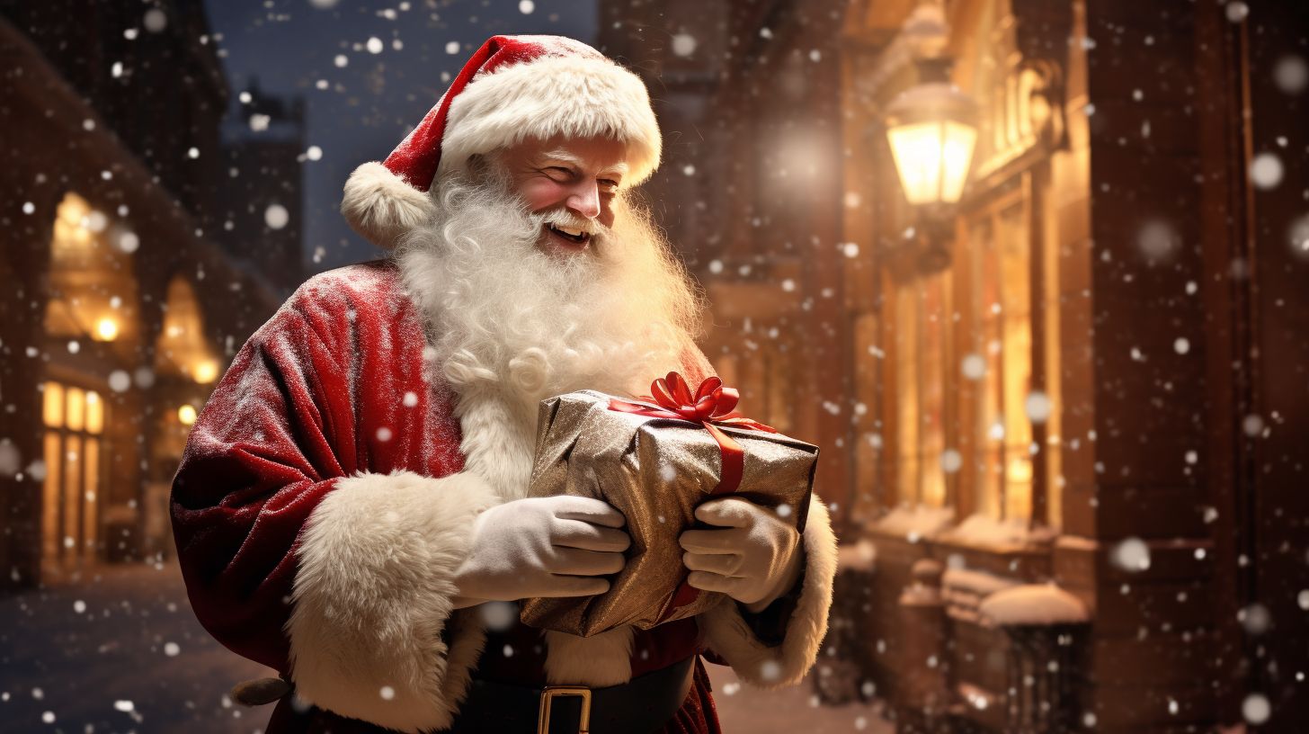 An image of Santa Claus holding a gift bag in a winter wonderland, symbolizing the enchantment and magic of the holiday season and the joy of giving.