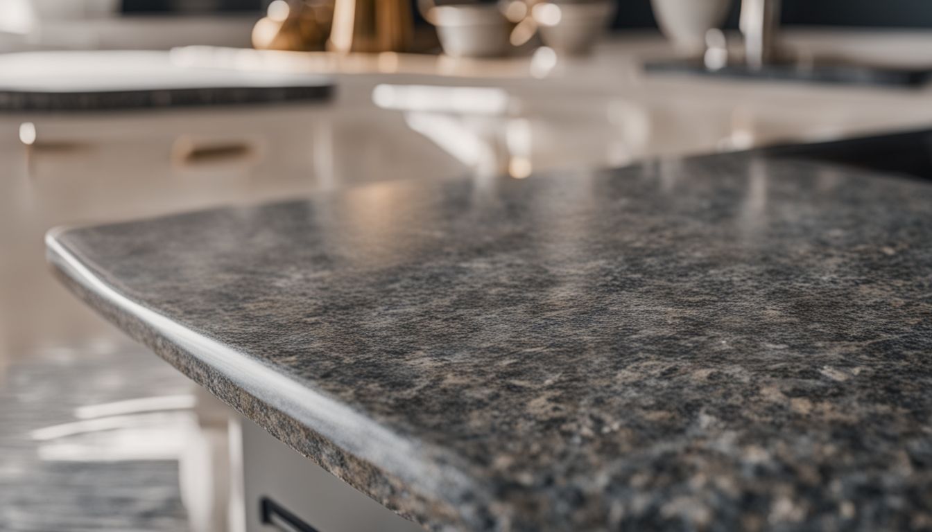 A close-up of a granite countertop with natural patterns and textures.