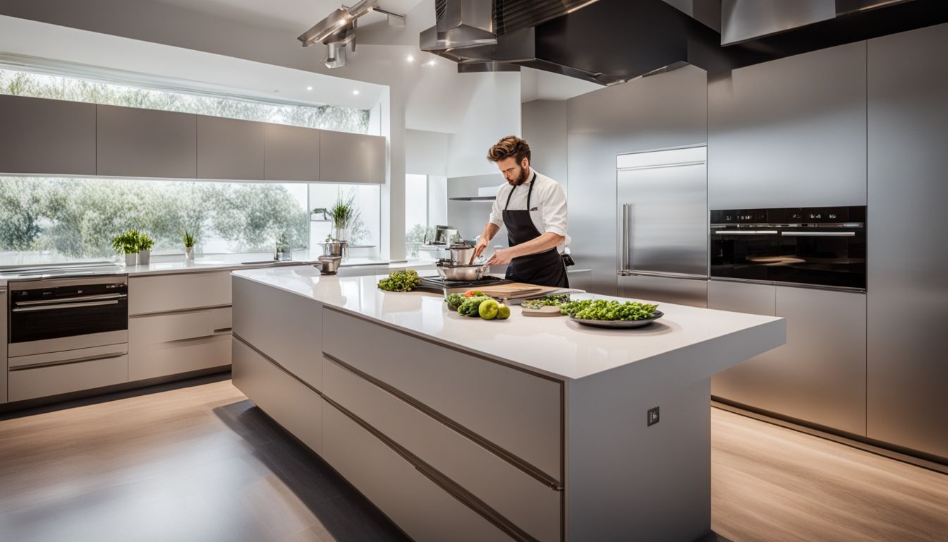 A modern kitchen with a chef preparing a meal.