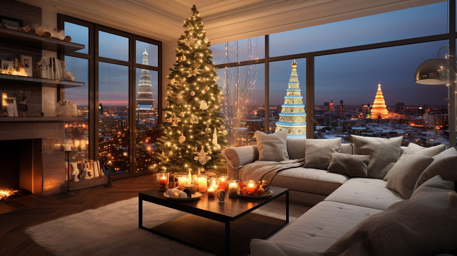 An image showcasing a cozy living room decorated for Christmas with a beautiful tree and Advent calendars, symbolizing the festive charm and warmth of the holiday season.