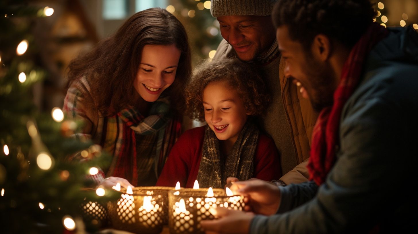 An image representing last-minute shoppers, a joyous family, as they come together around a exquisitely adorned Christmas tree, embodying the spirit of togetherness and the happiness of a stress-free holiday celebration with loved ones.