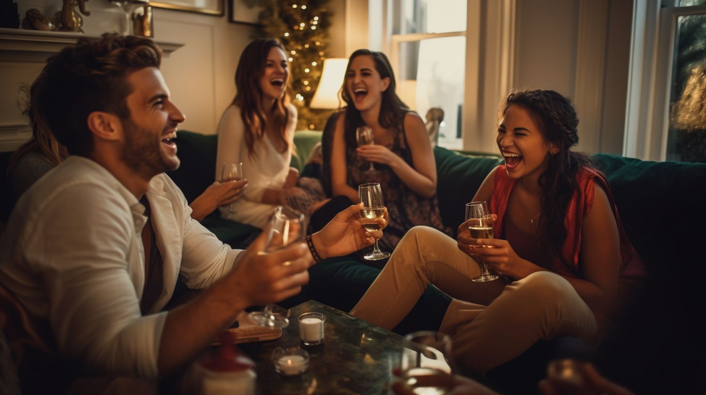 An image of a group of friends joyfully toasting in a lavishly decorated living room, symbolizing the joy and togetherness that comes with celebrating with loved ones.