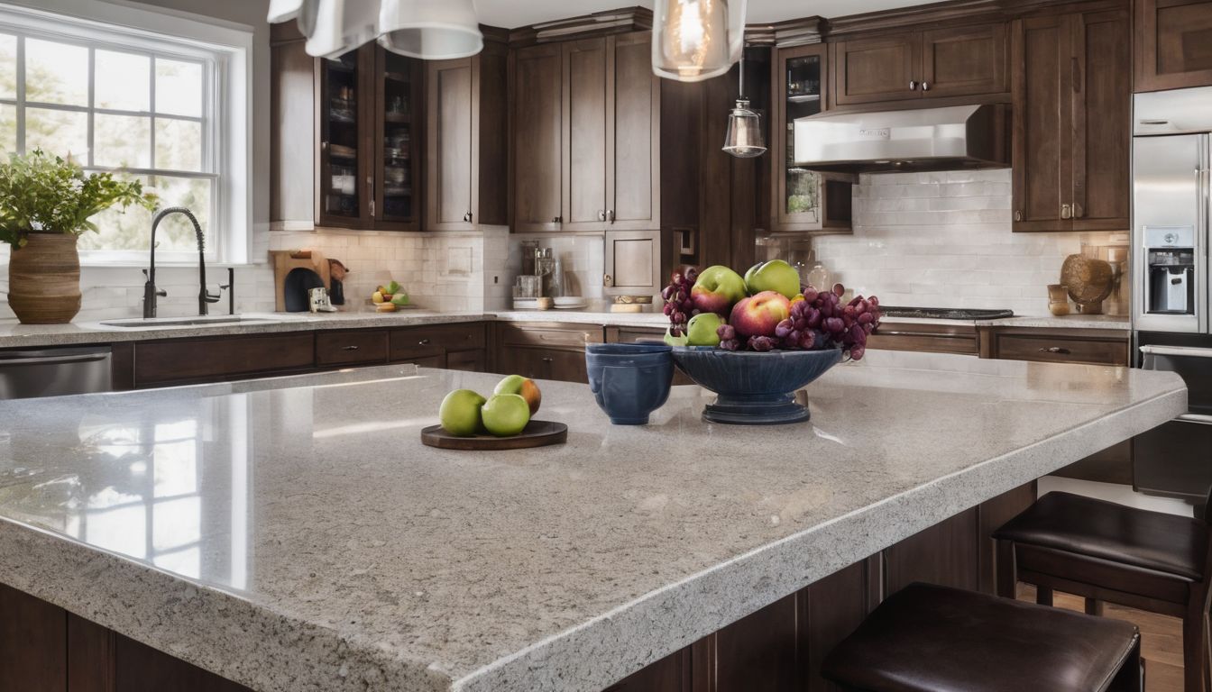 A person installs a quartz countertop in their kitchen confidently.
