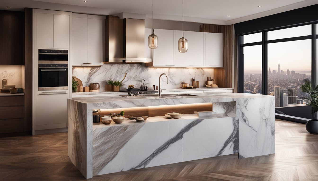 A stylish kitchen with various types of imported marble countertops.