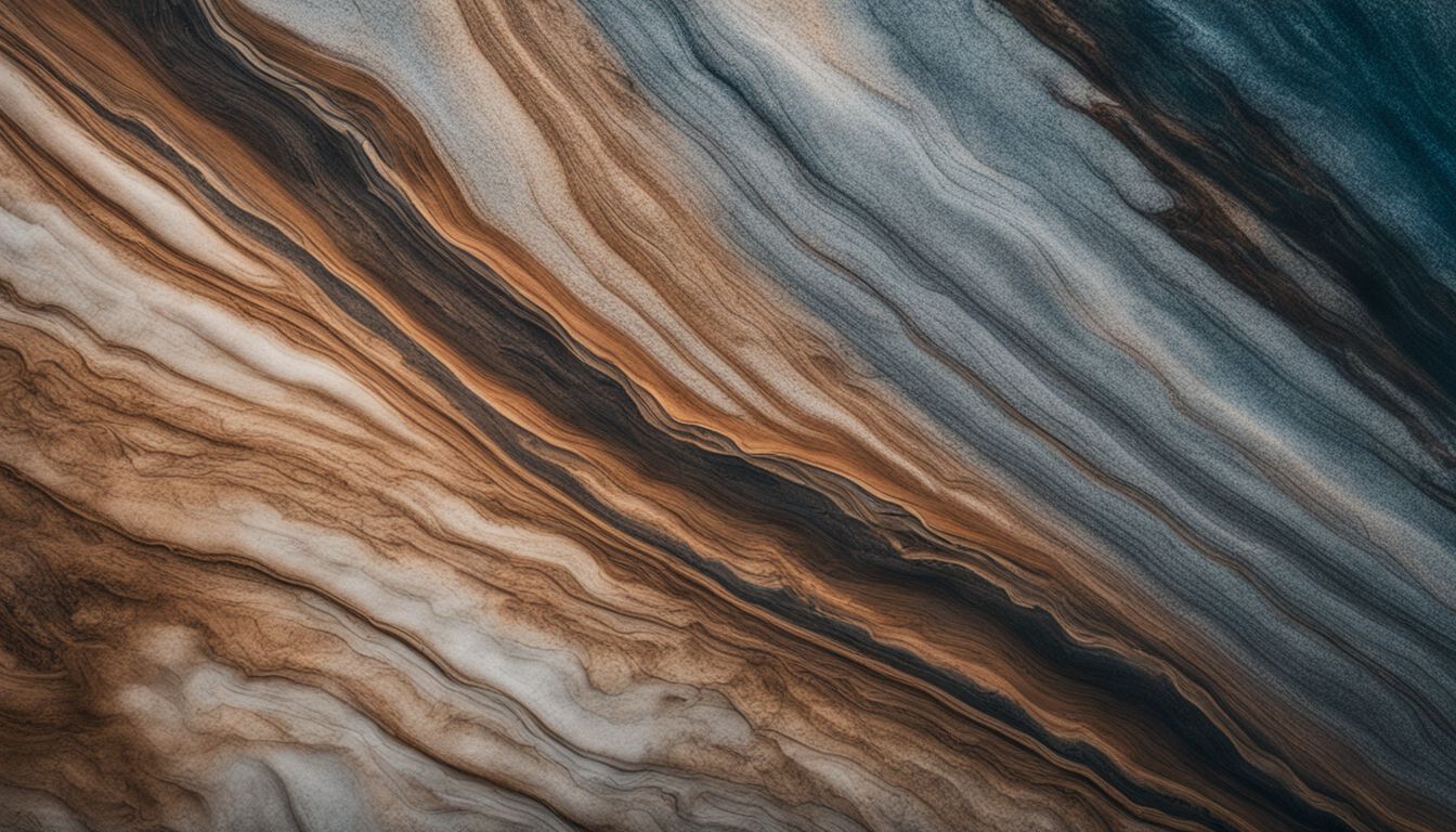 Close-up photo of a unique granite countertop with vibrant veins and colors.