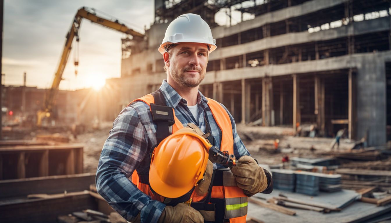 A construction worker in a busy construction site wearing safety gear.