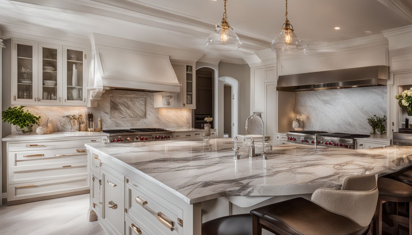 A photo of a kitchen with beautiful marble countertops.