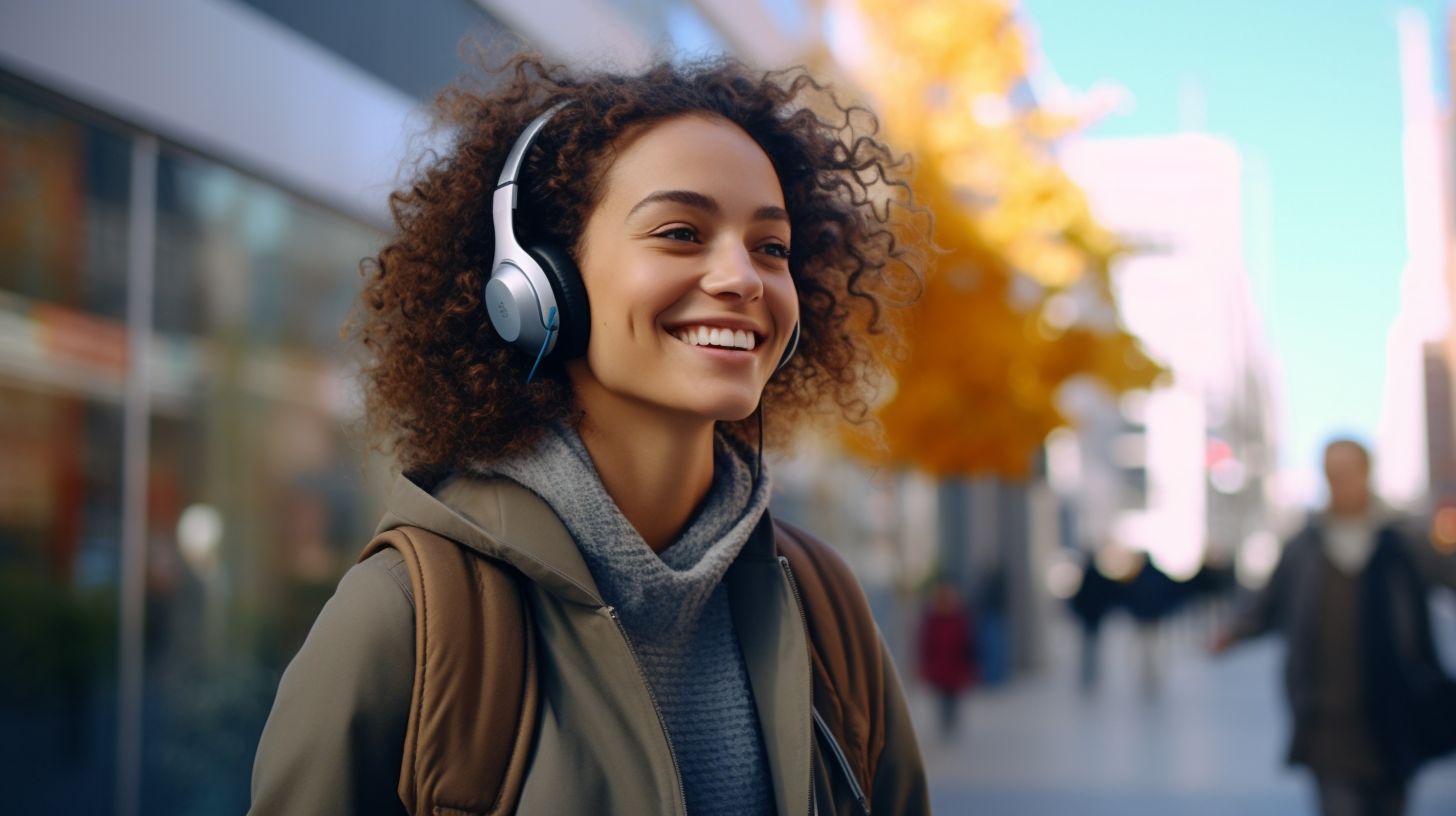 An image depicting a woman enjoying a leisurely stroll through bustling city streets with wireless headphones, symbolizing the connection between city life and personalized sound.