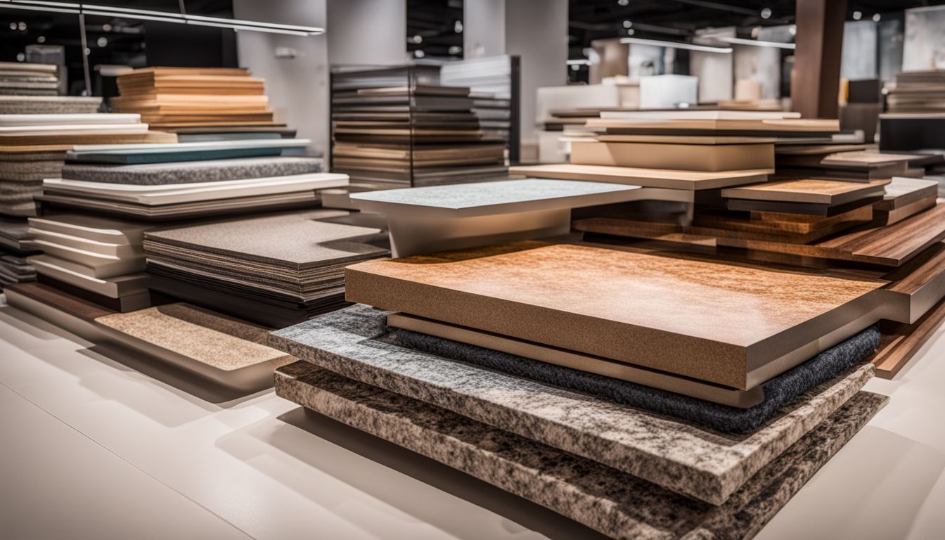 A diverse collection of countertops displayed in a showroom.