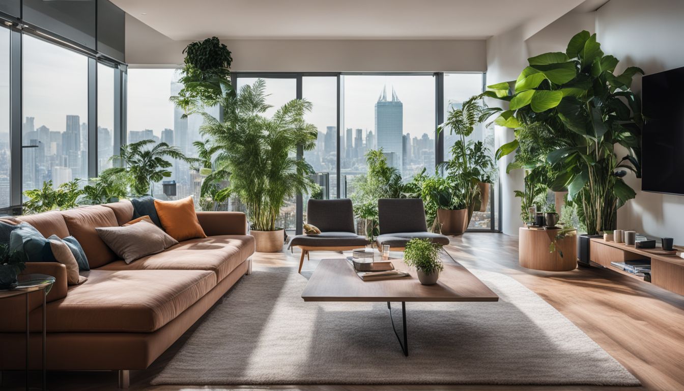 A modern living room with an air purifier, plants, and diverse people.