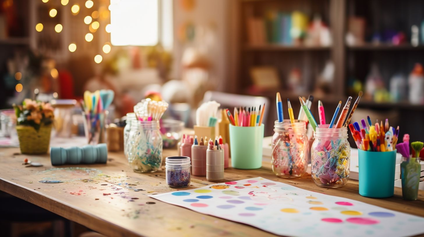 An image depicting a vibrant DIY craft table adorned with art supplies and surrounded by festive holiday decorations, symbolizing the joy and creativity of crafting during the holiday season.